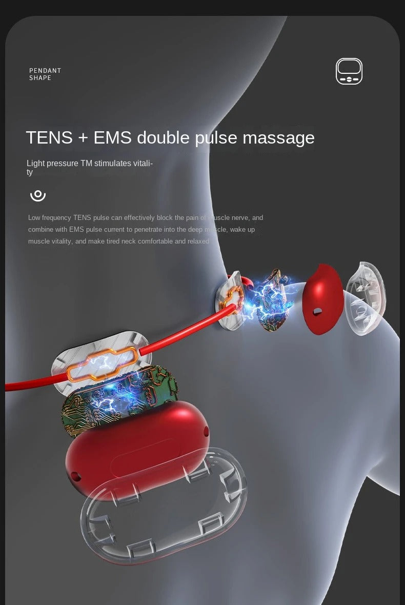 Red Fitlybuy pendant neck massager showing TENS and EMS pulse technology inside an exploded view on a mannequin neck.