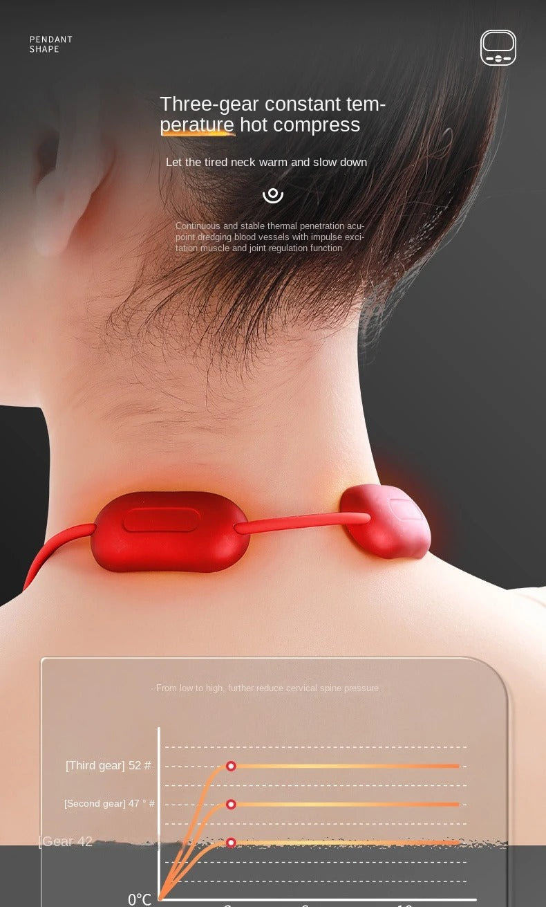 Red Fitlybuy pendant-style neck massager worn on the back of the neck, featuring three-gear heat therapy settings.