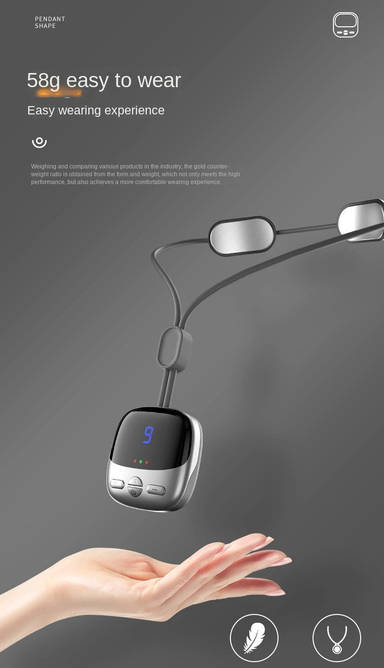Fitlybuy silver pendant-style neck massager with digital display, shown hovering over a hand. Lightweight 58g design.
