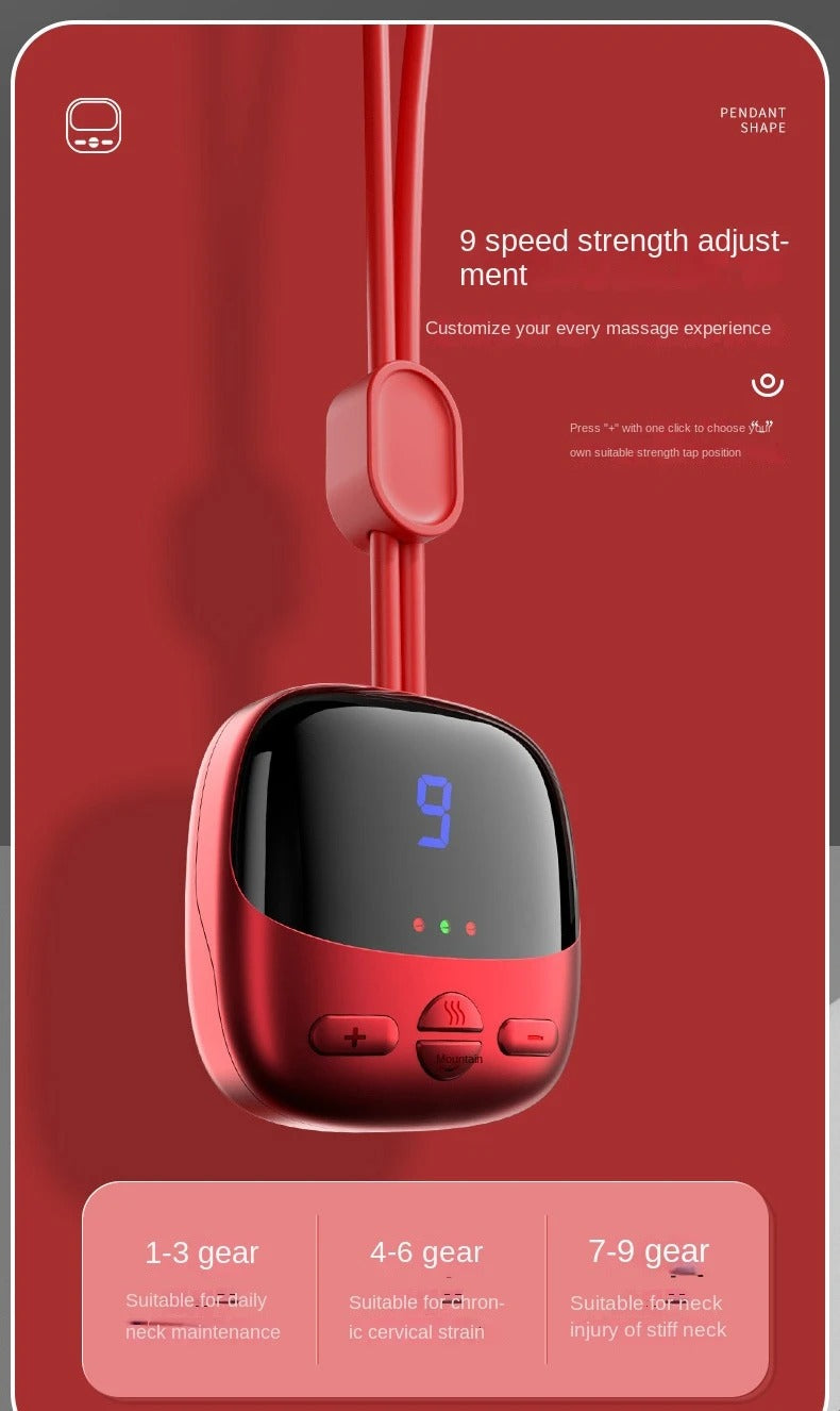 Red Fitlybuy pendant neck massager with digital display showing 9 speed settings, control buttons, and 3-gear indicators.