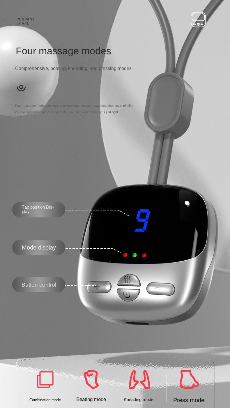 Fitlybuy silver hanging neck massager with digital display, control buttons, and 4 massage modes for cervical relief.