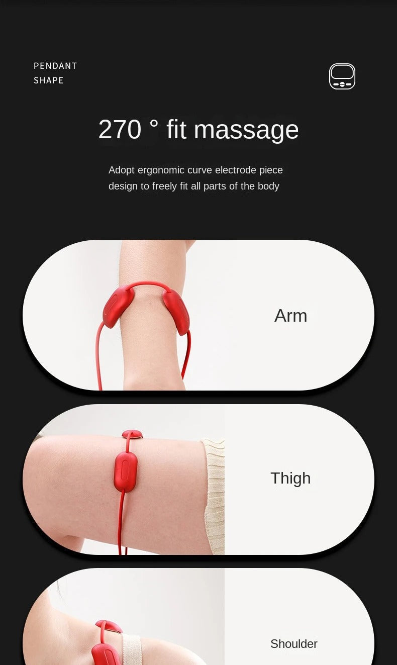 Red Fitlybuy pendant neck massager with 270-degree ergonomic electrodes shown massaging an arm, thigh, and shoulder.