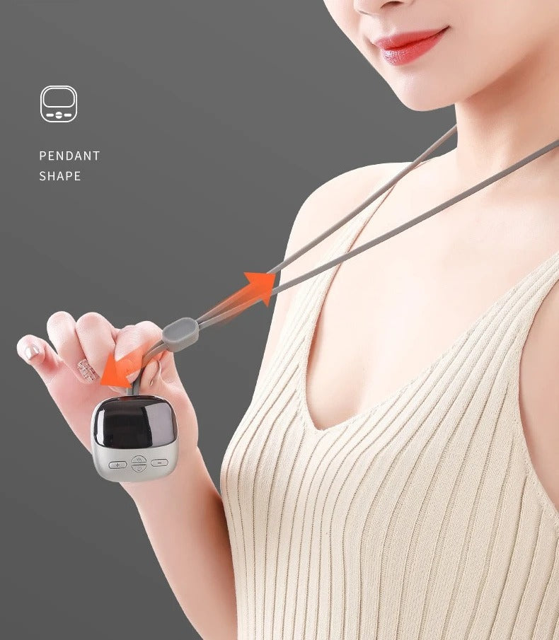 Woman wearing a compact, silver-and-black Fitlybuy pendant neck massager with adjustable vibration controls.