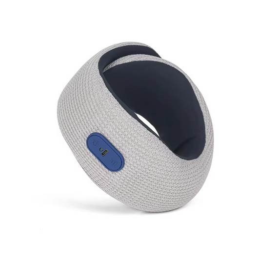 Fitlybuy grey and navy heated neck brace with USB-C port and power button on a textured, circular design.