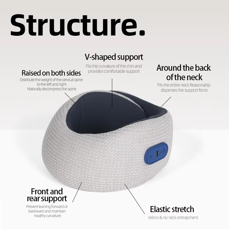 Fitlybuy gray, V-shaped heated neck brace with blue control panel, highlighting ergonomic support and elastic design.
