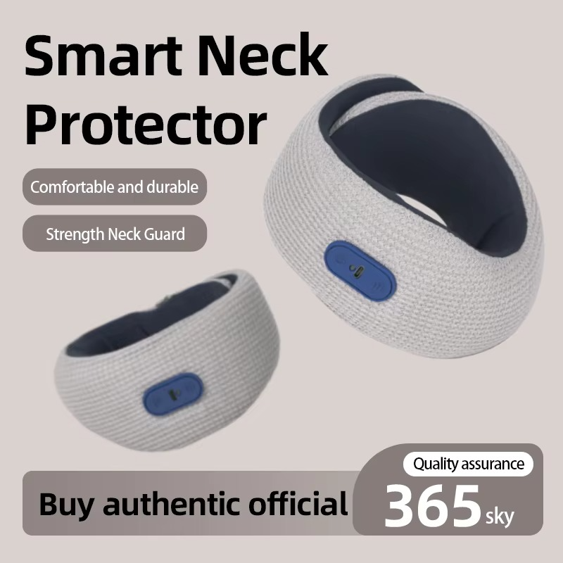 Fitlybuy Smart Heated Neck Brace with gray textured exterior, dark blue interior, and control button on a light background.