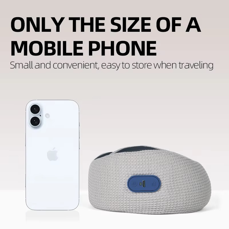 Fitlybuy grey heated neck brace pillow compared to a smartphone, showing its compact, travel-friendly size.