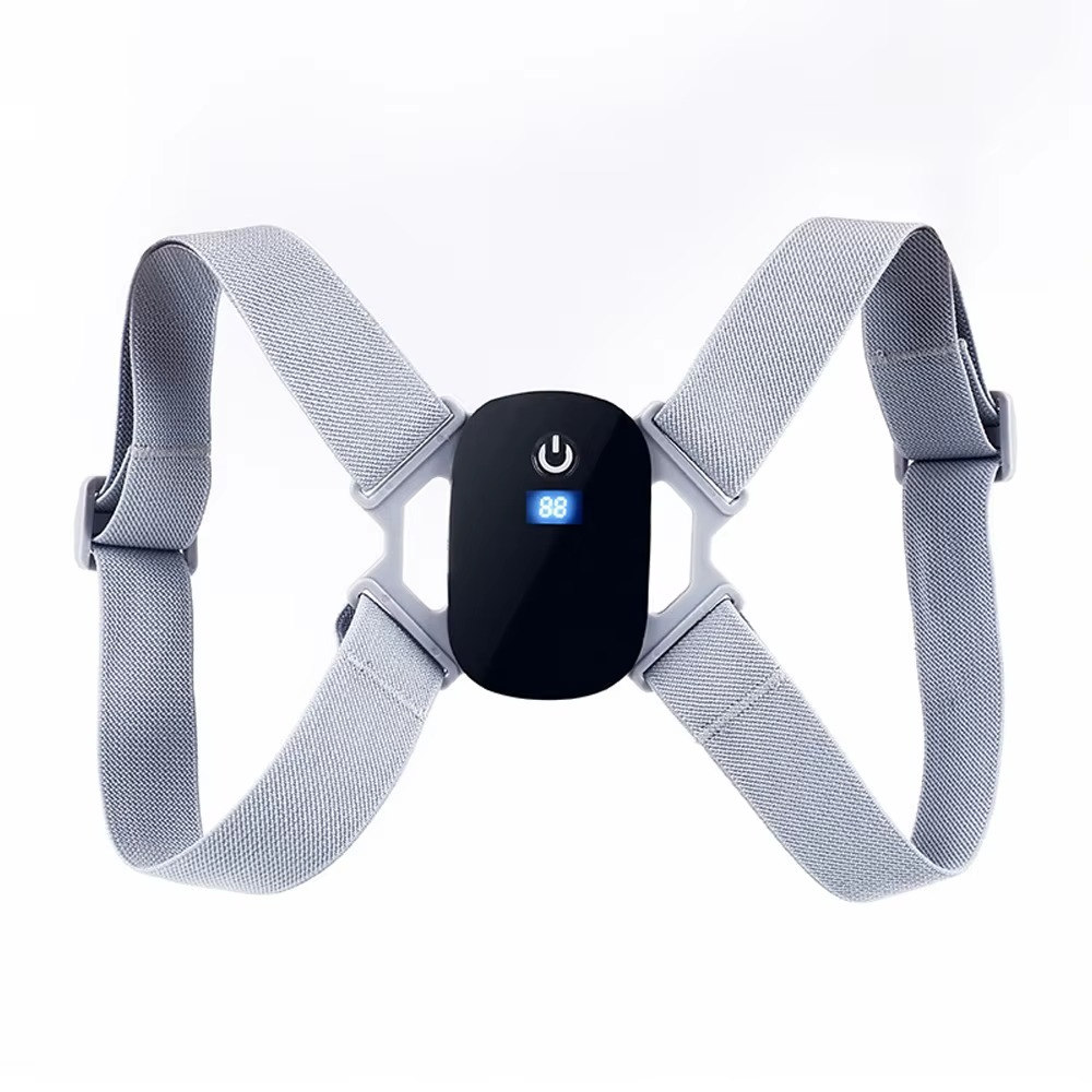 Fitlybuy SmartSpine posture corrector with black digital sensor, power button, and adjustable gray elastic straps.