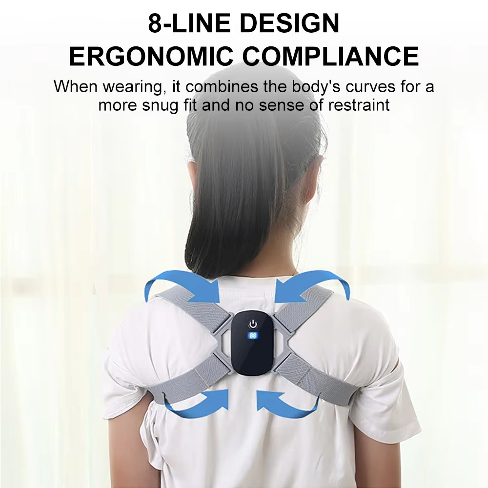 Fitlybuy SmartSpine monitor worn on back over white shirt, featuring gray adjustable straps and black digital sensor.