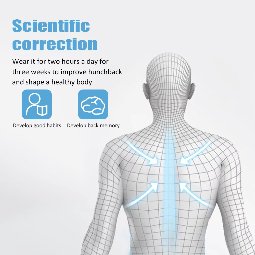 Fitlybuy SmartSpine Monitor grid wireframe of a human back showing posture correction arrows for hunchback prevention.