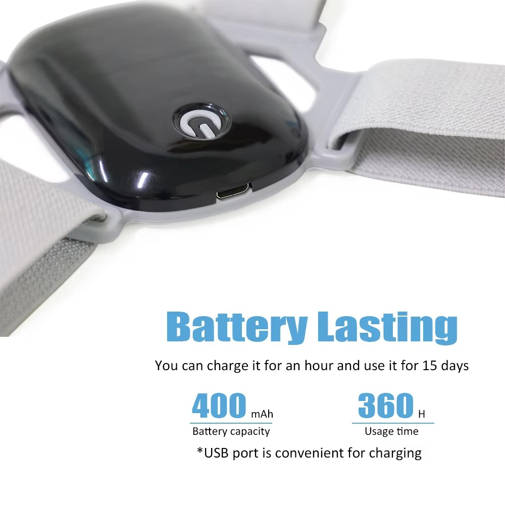 Fitlybuy SmartSpine black posture sensor with white elastic straps, featuring a USB charging port and power button.