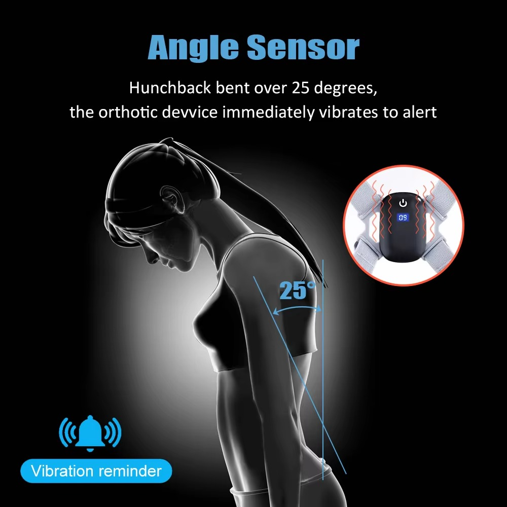 Fitlybuy SmartSpine sensor on back straps, vibrating when user hunches past 25 degrees. Shows digital display and alert.