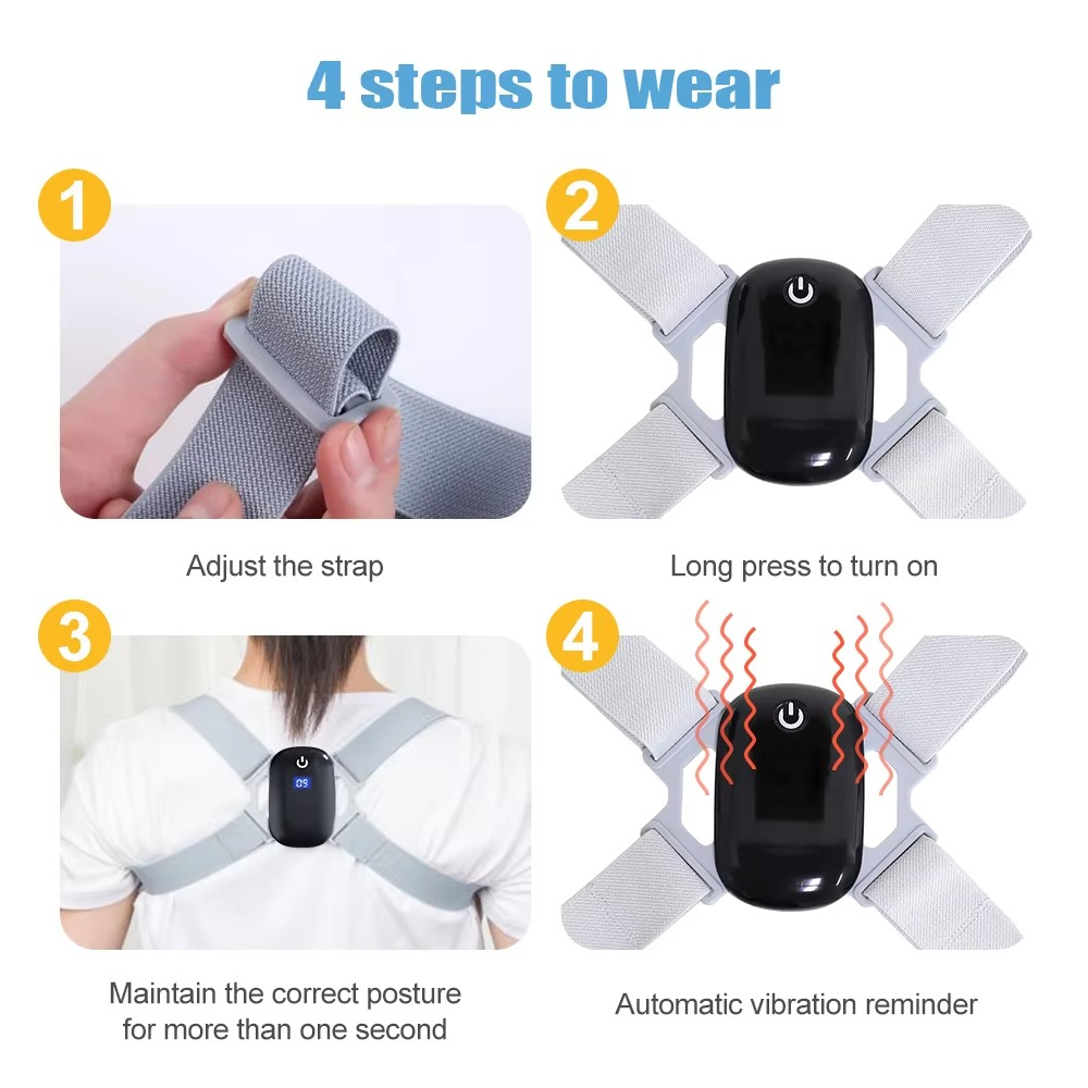 Fitlybuy SmartSpine monitor: 4-step guide showing adjustable grey straps and a black vibration-sensor posture corrector.