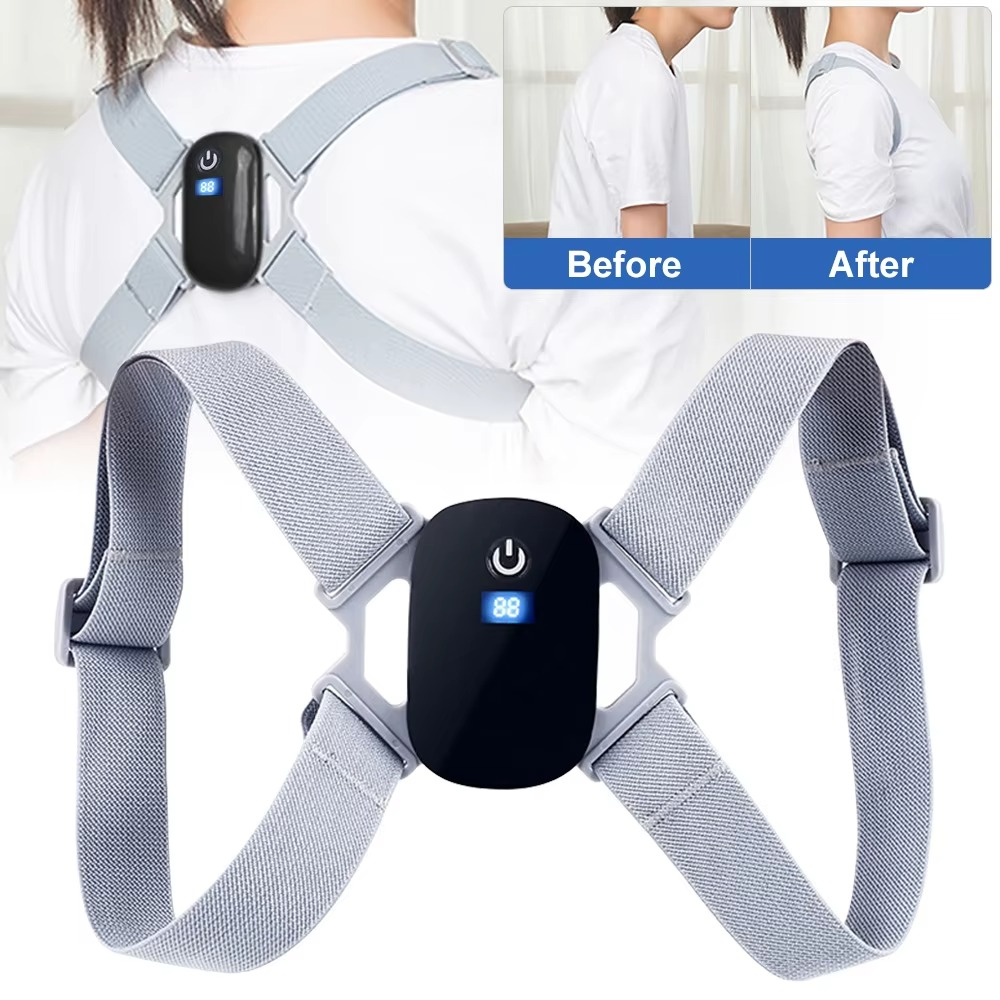 Fitlybuy SmartSpine posture sensor with grey adjustable straps and a black LED digital display unit. Before/after view.