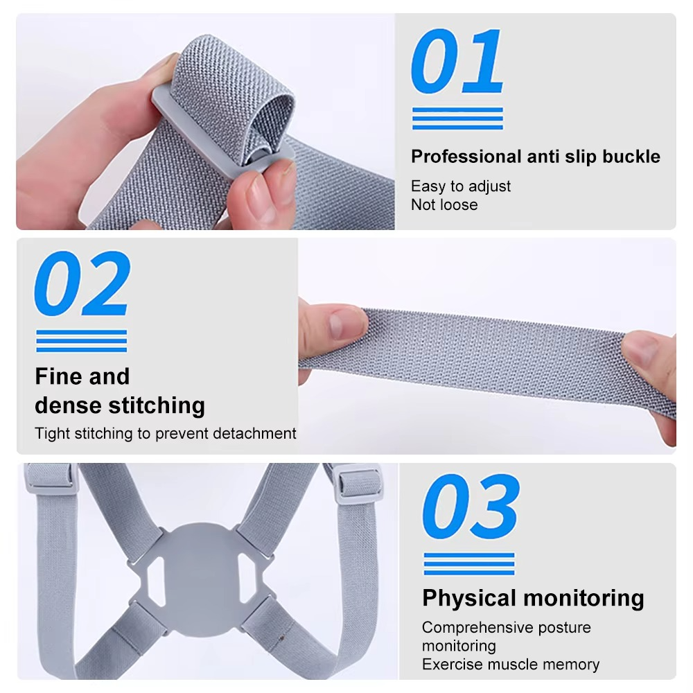 Fitlybuy SmartSpine grey posture sensor featuring an adjustable anti-slip buckle, dense stitching, and support straps.