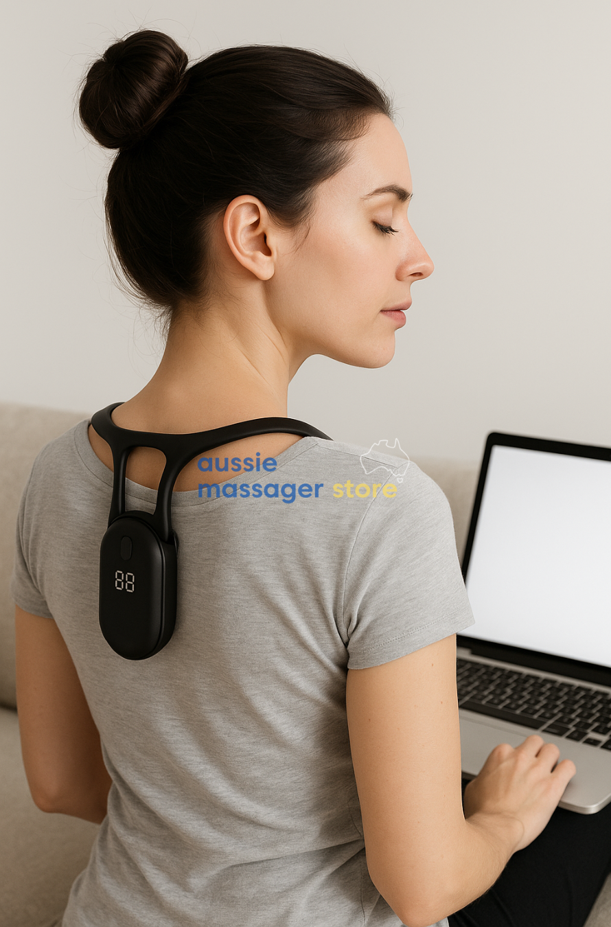 Woman wearing a black Fitlybuy SmartSense posture trainer with digital display while using a laptop.