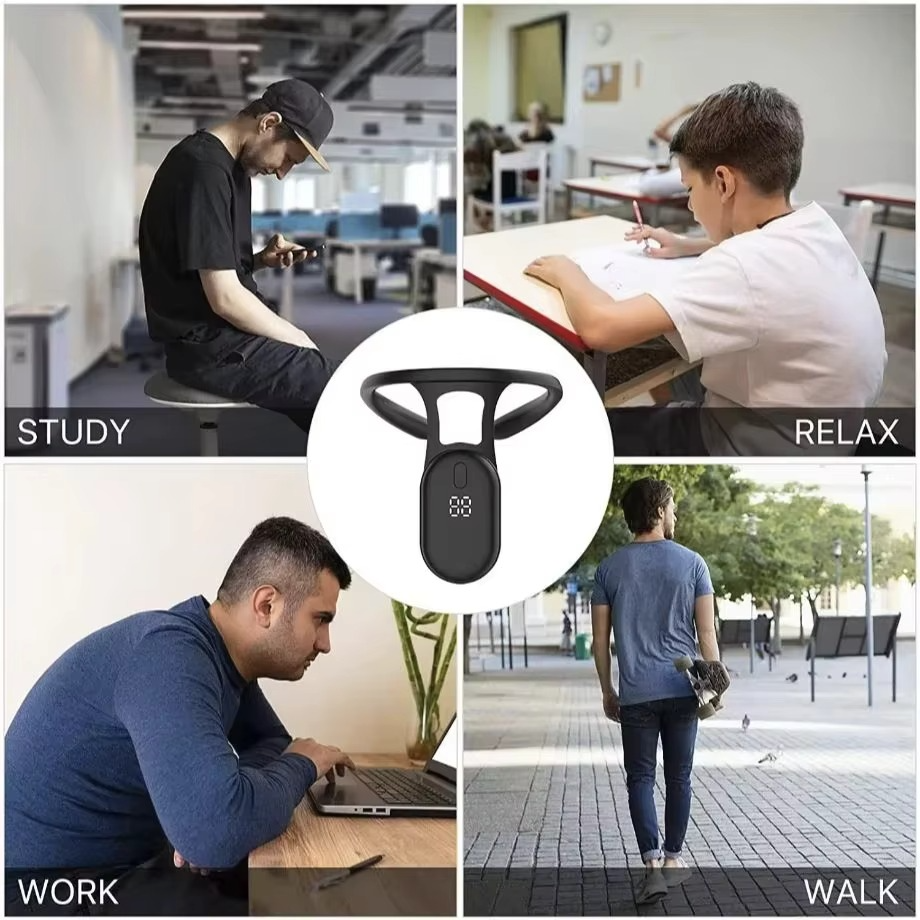 Black Fitlybuy SmartSense posture trainer with LED feedback. Shown worn in study, work, and daily activity settings.