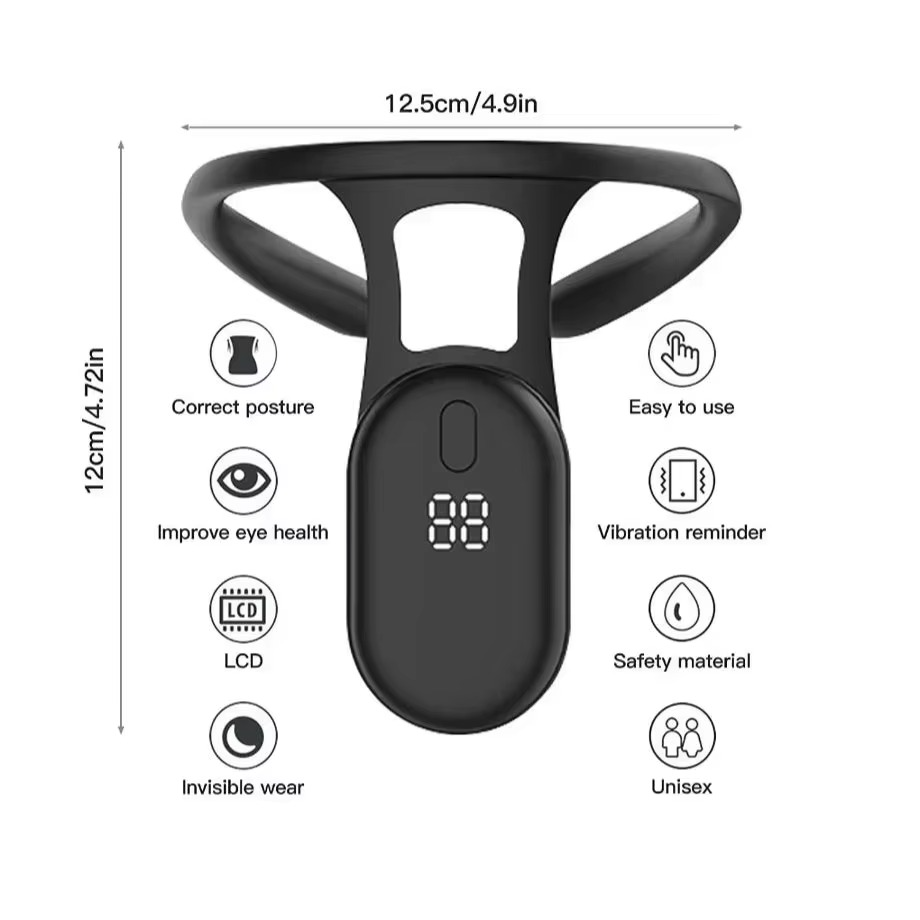Fitlybuy SmartSense black posture trainer with LCD screen, vibration reminders, and dimensions 12.5cm x 12cm.