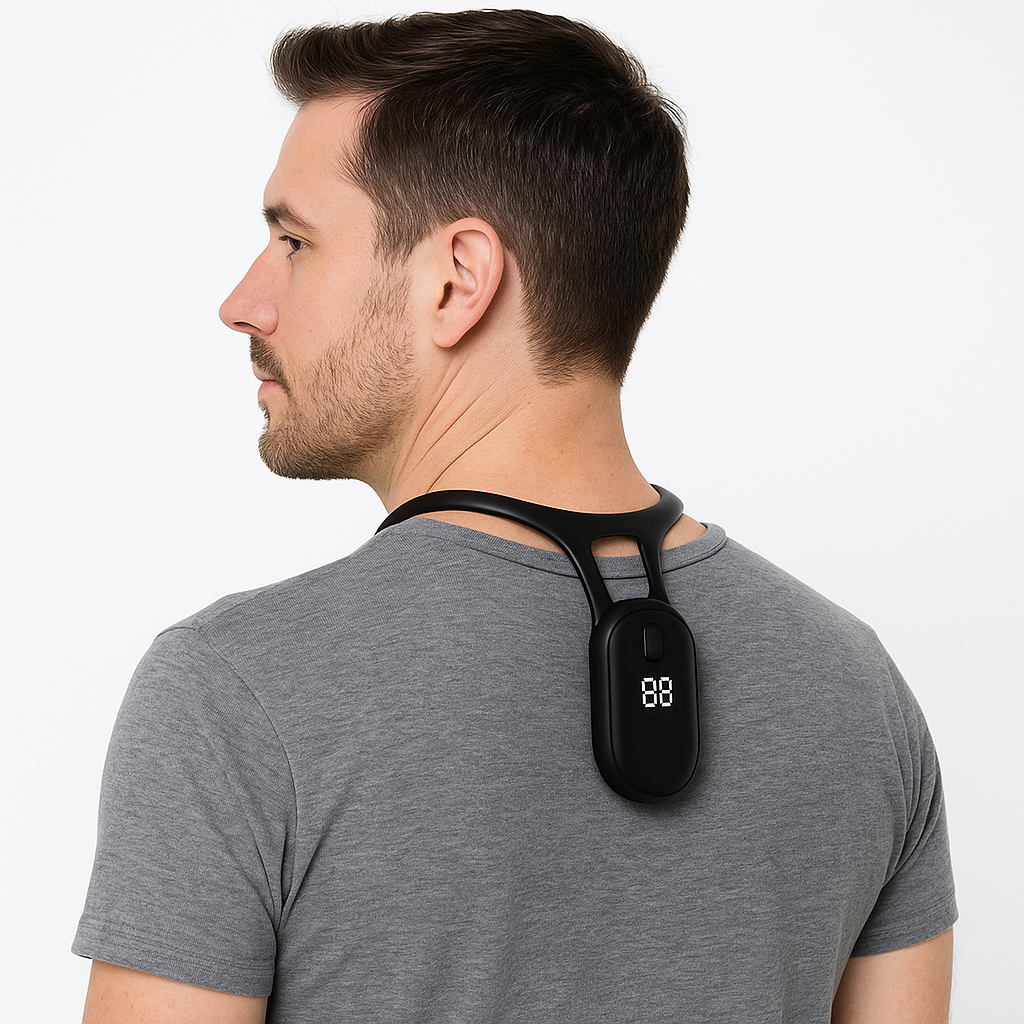 Man wearing a black Fitlybuy SmartSense posture trainer with a digital display on his upper back.
