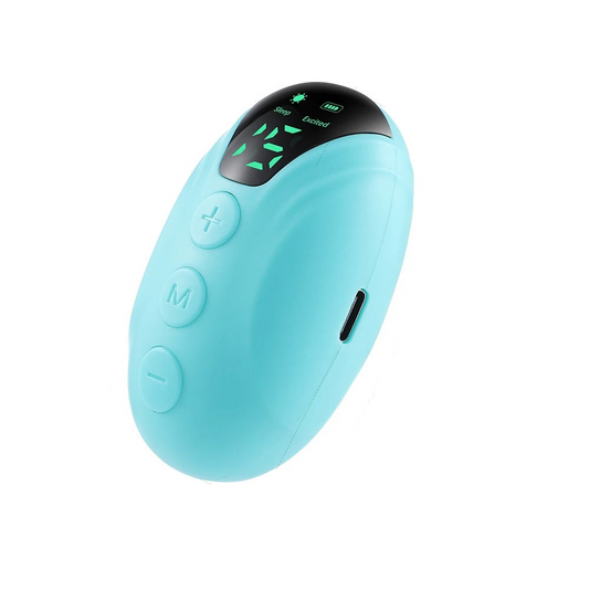 Fitlybuy light blue handheld sleep aid device with a digital display, mode buttons, and charging port on a white background.