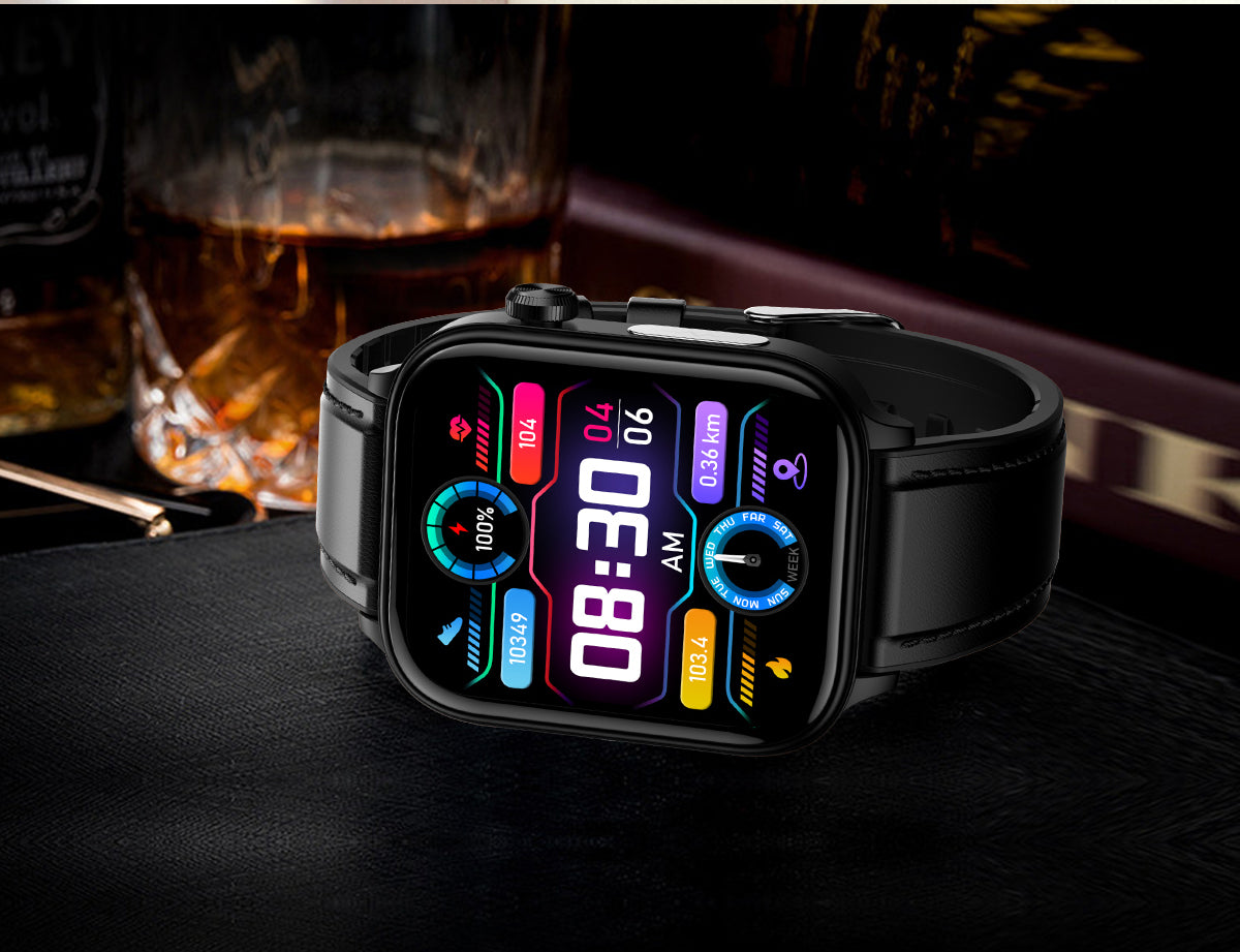 Fitlybuy black smartwatch with leather strap and digital fitness display showing time, heart rate, and steps on table.