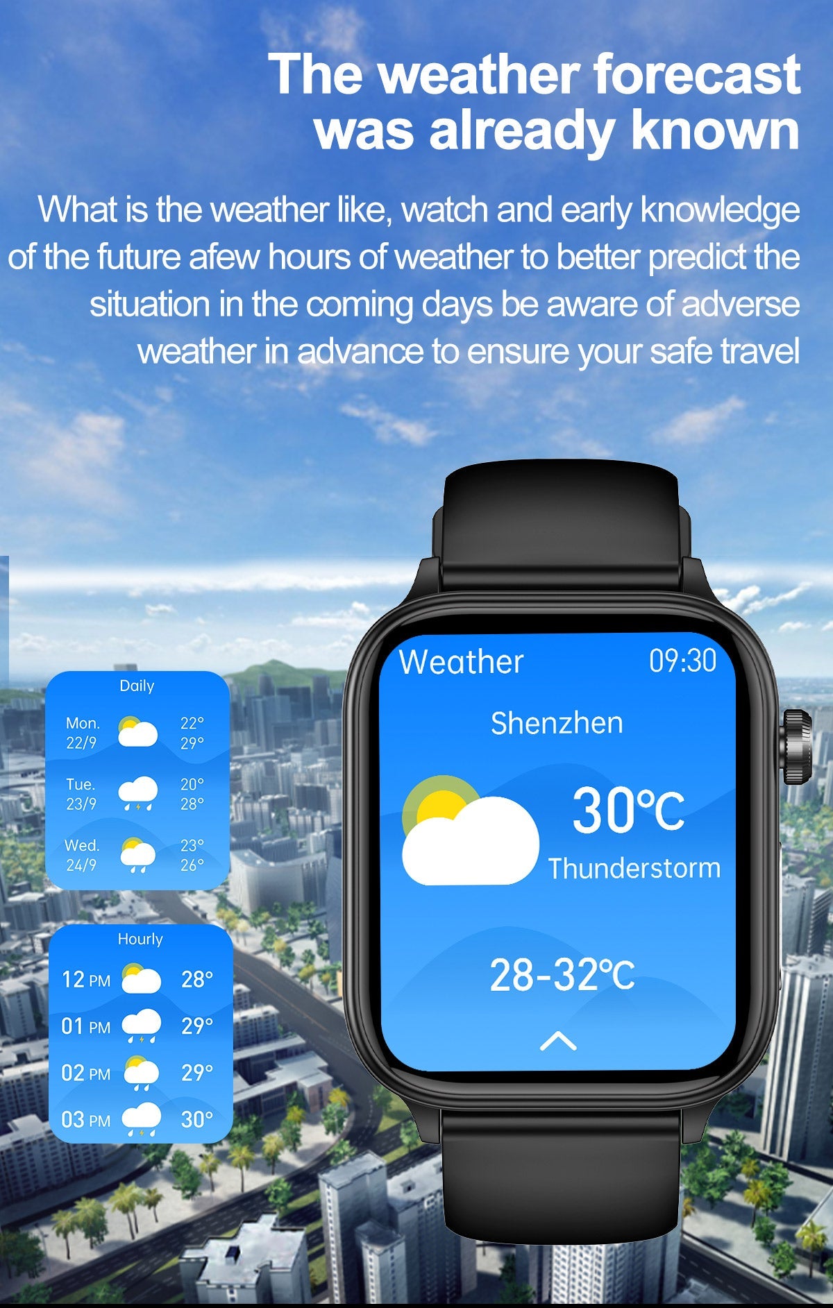Fitlybuy black smartwatch with a touchscreen displaying a weather forecast against a city skyline background.