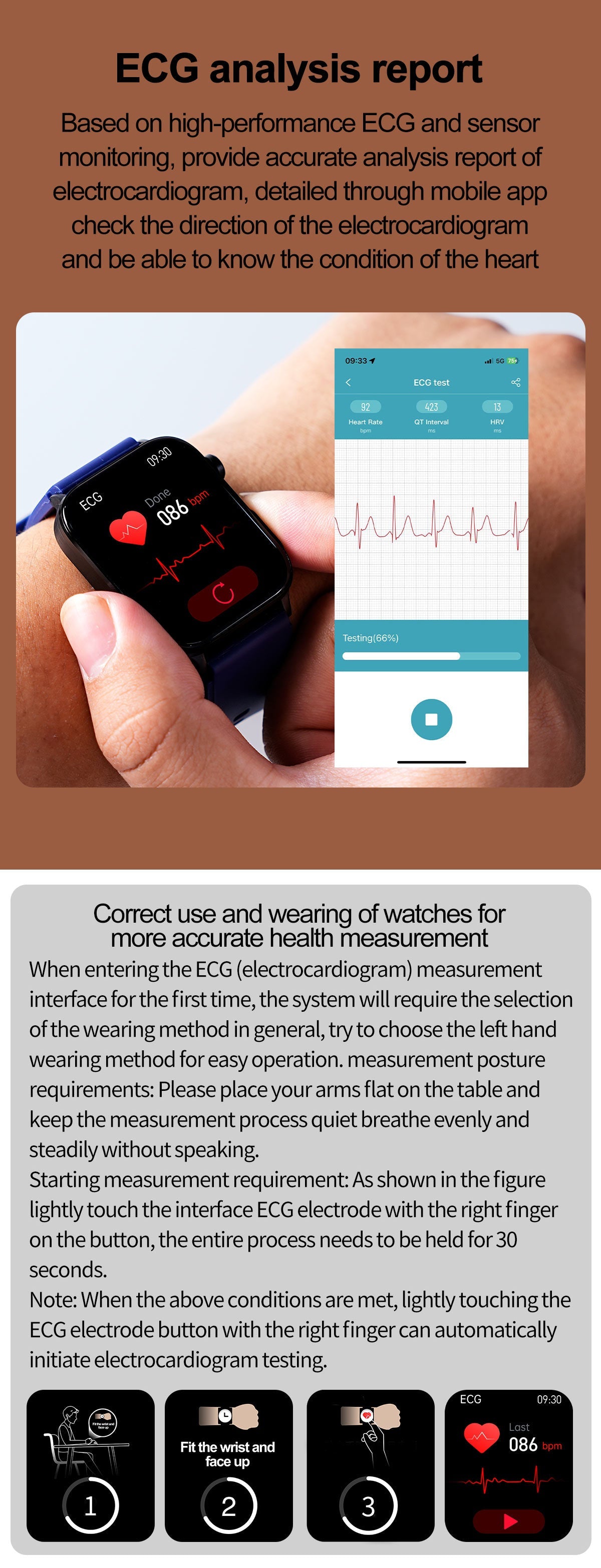 Fitlybuy Smart Watch showing ECG heart rate data on a dark screen and a synced mobile app interface.