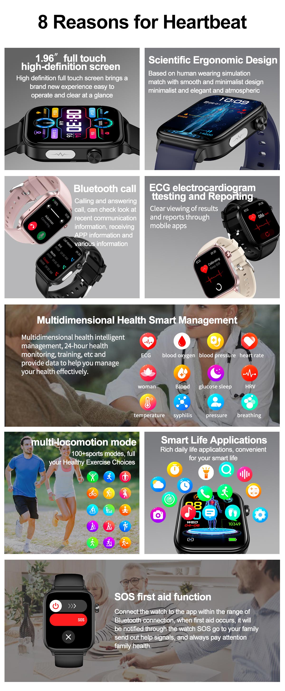 Fitlybuy smart watch: black rectangular screen, advanced health tracking, ECG, sports modes, and SOS emergency feature.