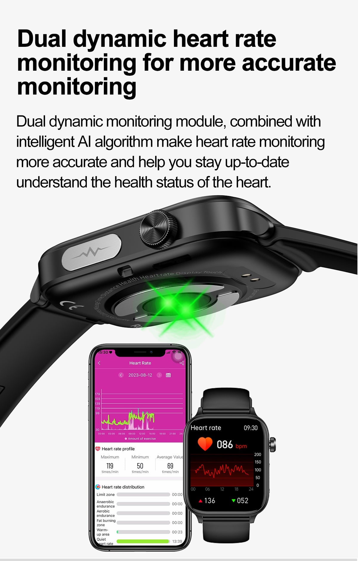 Fitlybuy black smartwatch with heart rate sensor, showing health tracking data on the watch face and a mobile phone app.