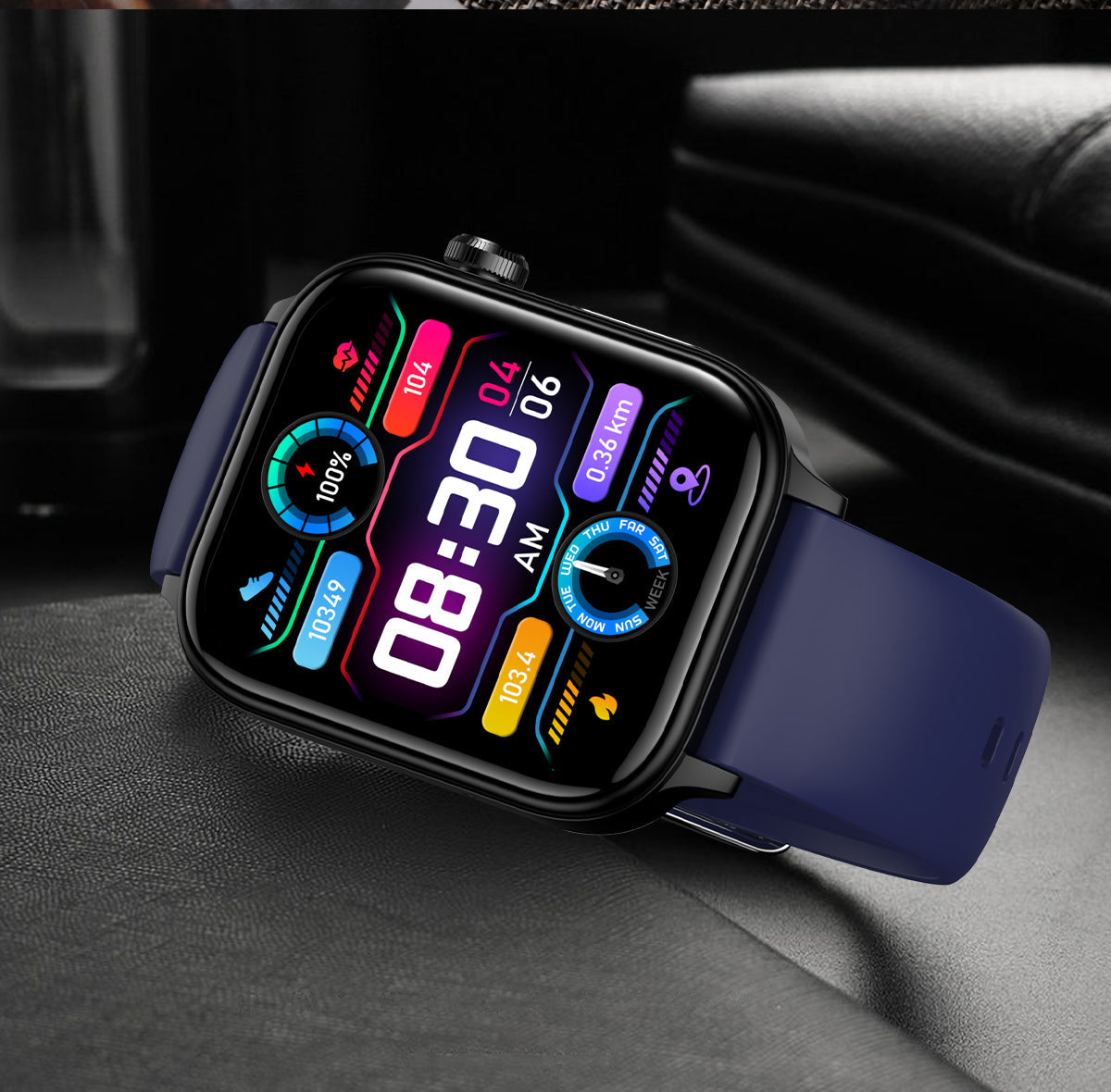 Fitlybuy smartwatch with a black frame, blue strap, and digital display showing health metrics, time, and date.
