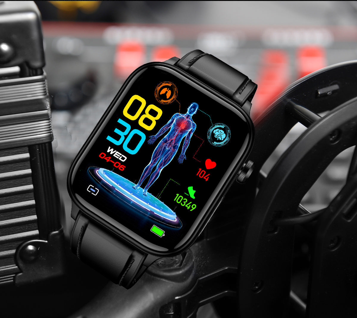 Fitlybuy smart watch with black strap, displaying health data metrics and an anatomical body graphic on the screen.