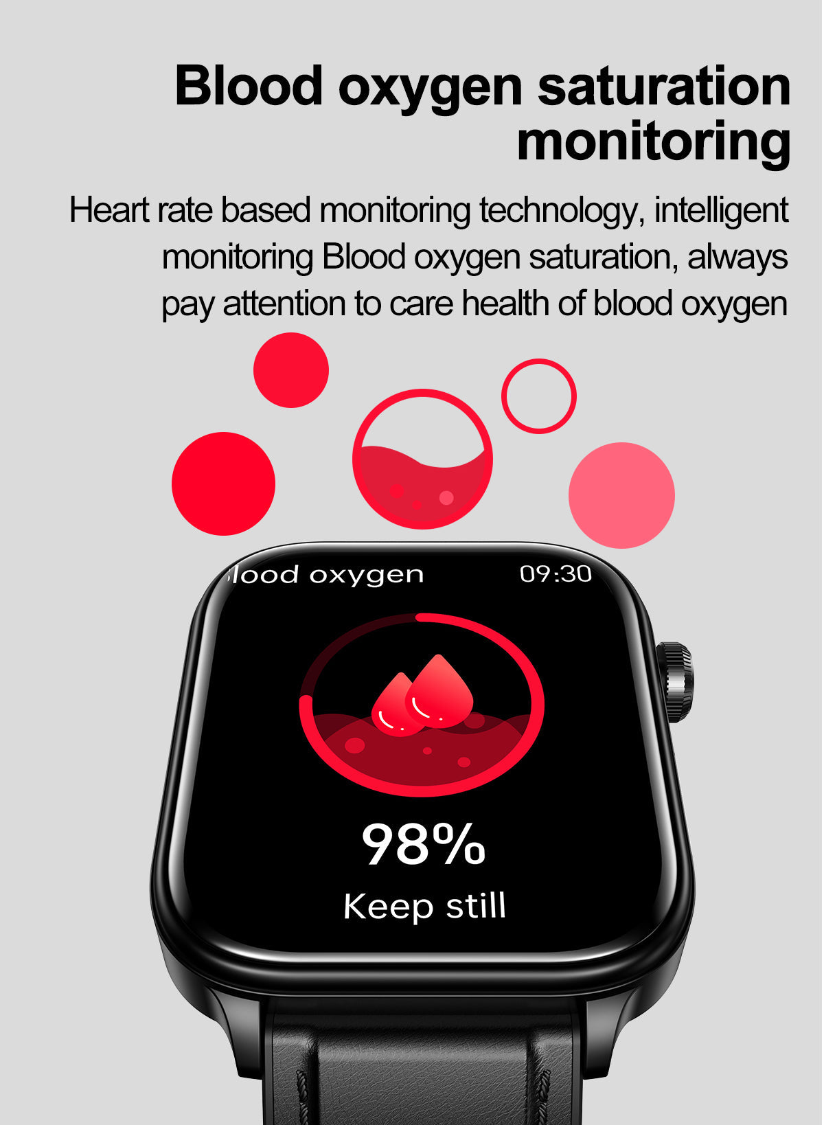 Fitlybuy smart watch showing a 98% blood oxygen saturation reading on its black digital touchscreen display.