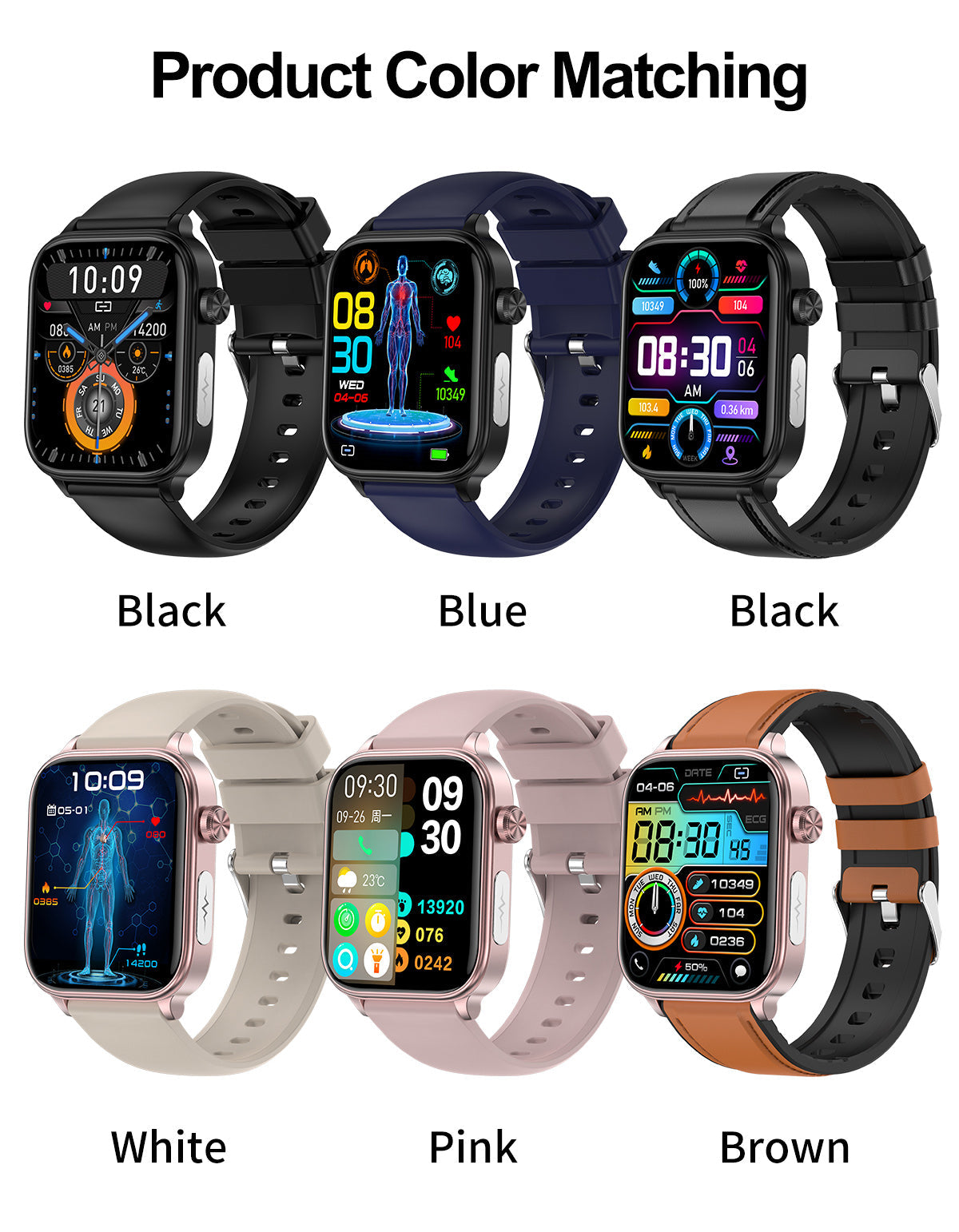 Fitlybuy health smartwatches in six colors (black, blue, white, pink, brown) with digital fitness tracking displays.