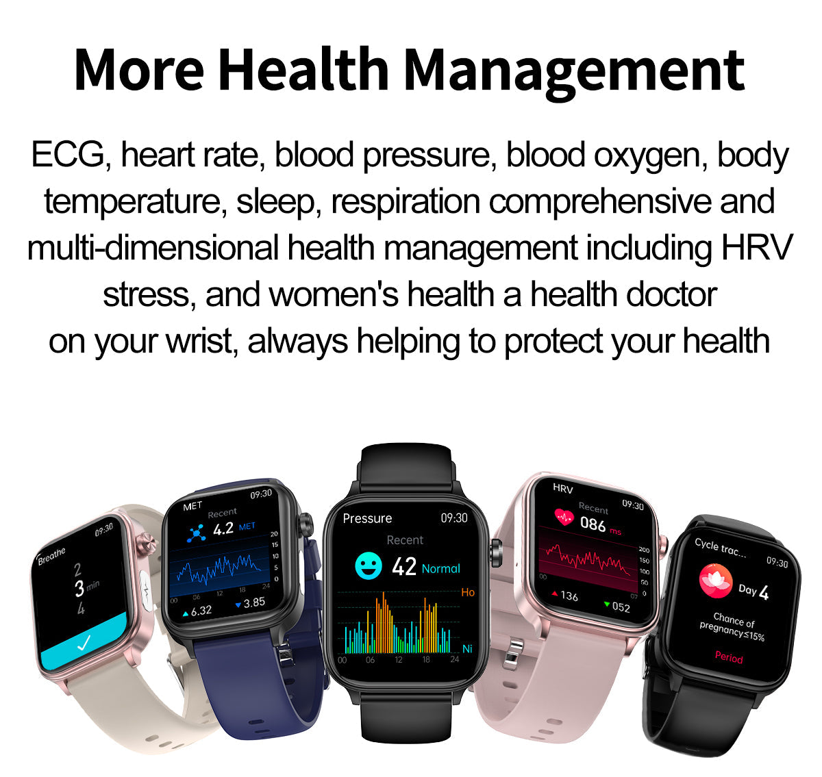 Fitlybuy smartwatches in multiple colors displaying health metrics like heart rate, stress, and cycle tracking screens.