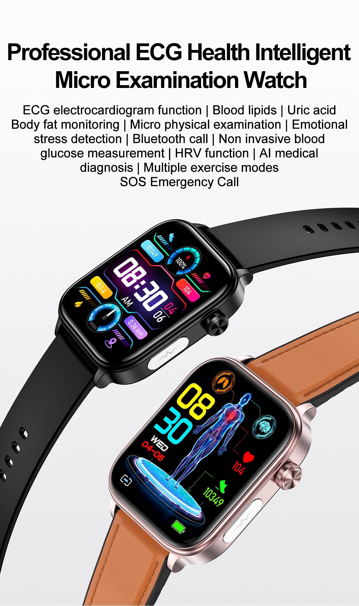Fitlybuy smartwatches with health tracking displays, one black and one rose gold with tan strap, on a white background.
