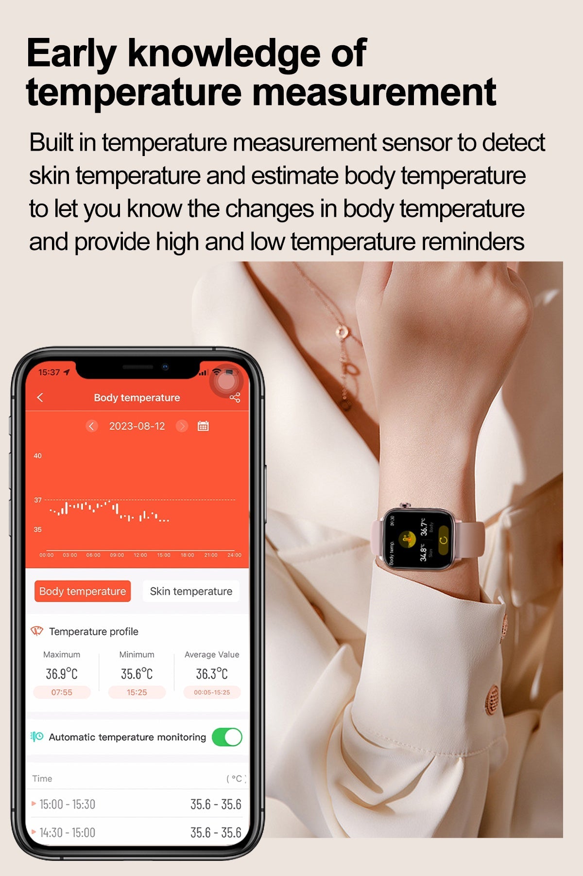 Fitlybuy smart watch in pink on a wrist, shown next to a smartphone app displaying body temperature data graphs.