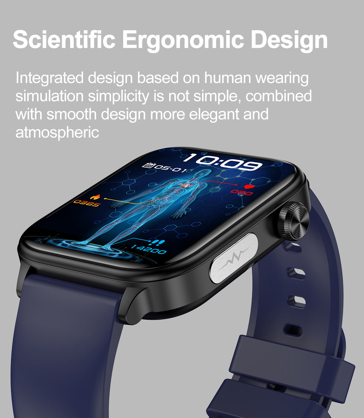 Fitlybuy smart watch with navy blue strap, black square case, and health monitoring digital display.