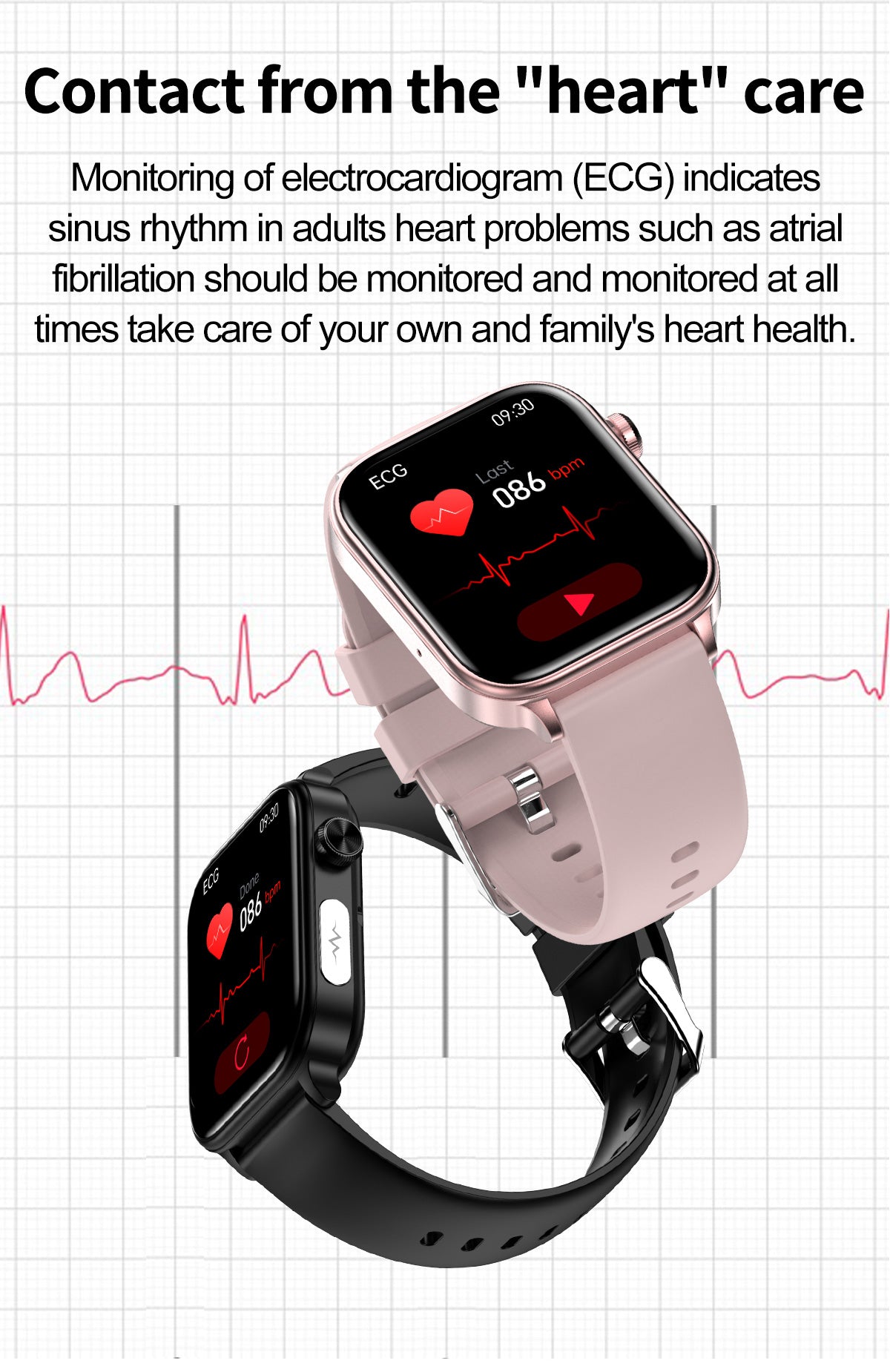 Fitlybuy smartwatches in pink and black showing ECG heart rate monitoring screens against an EKG graph background.