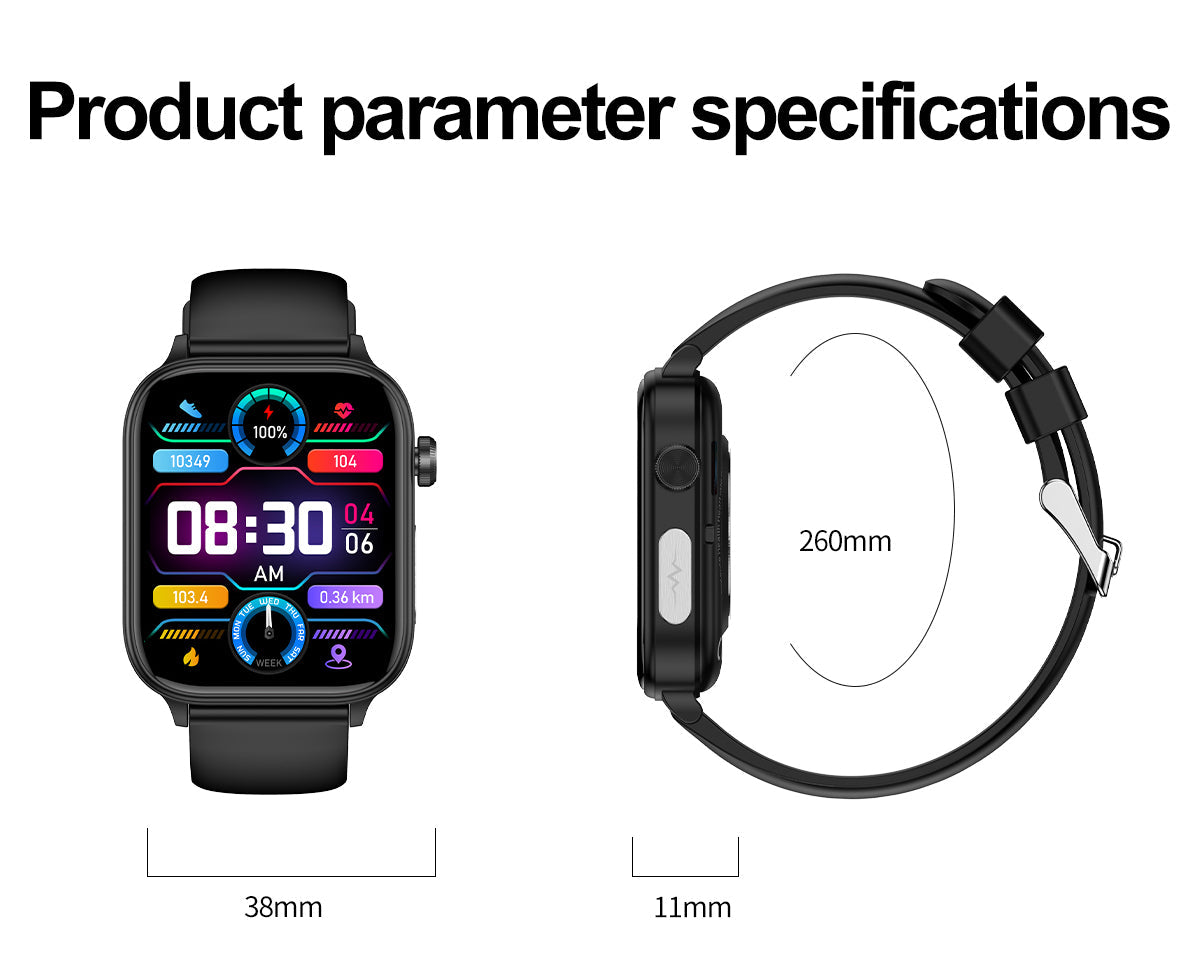 Fitlybuy black smartwatch with digital display showing health metrics. Includes front and side profile dimension specs.