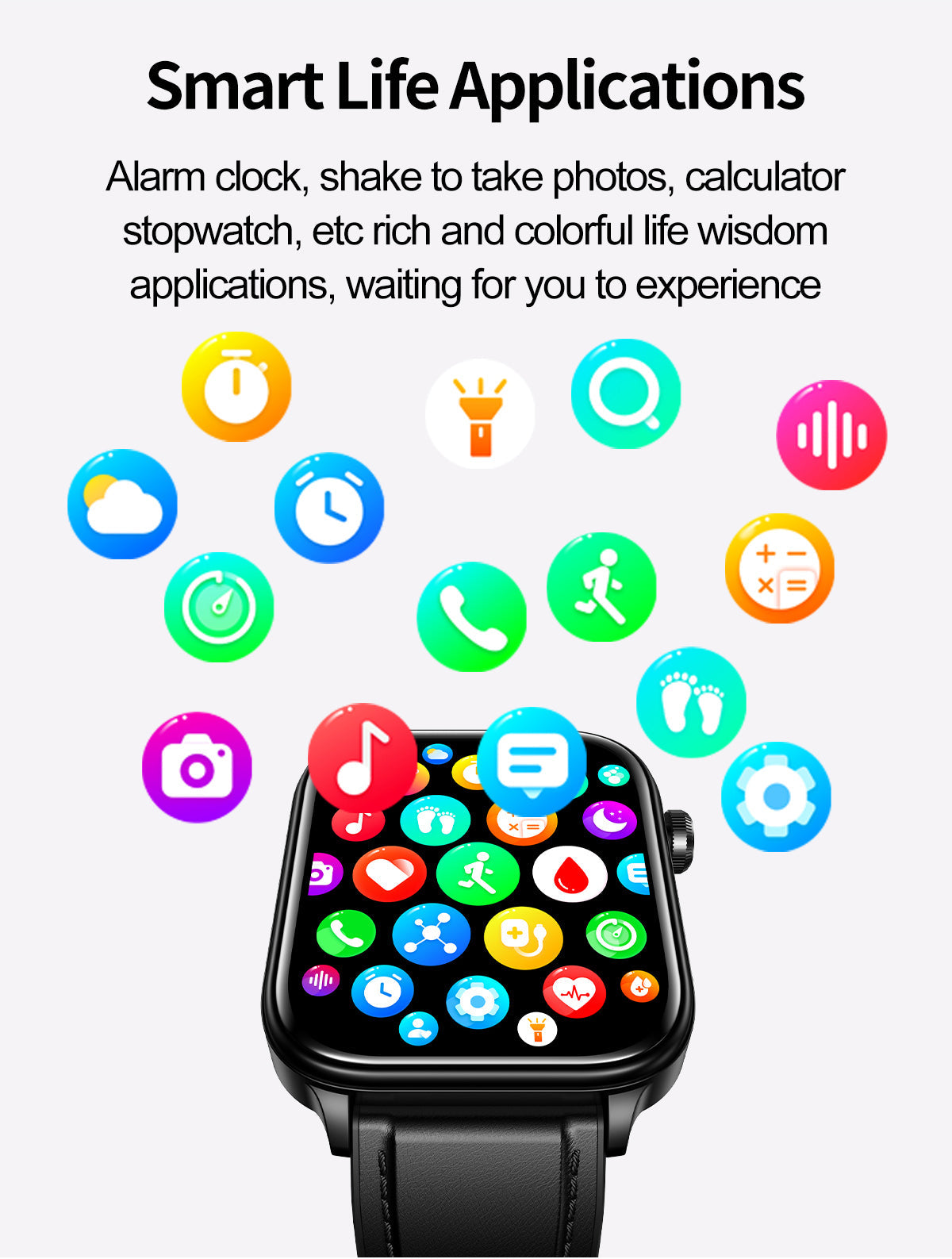 Fitlybuy black smartwatch with a vibrant touch screen displaying colorful app icons for health and lifestyle features.