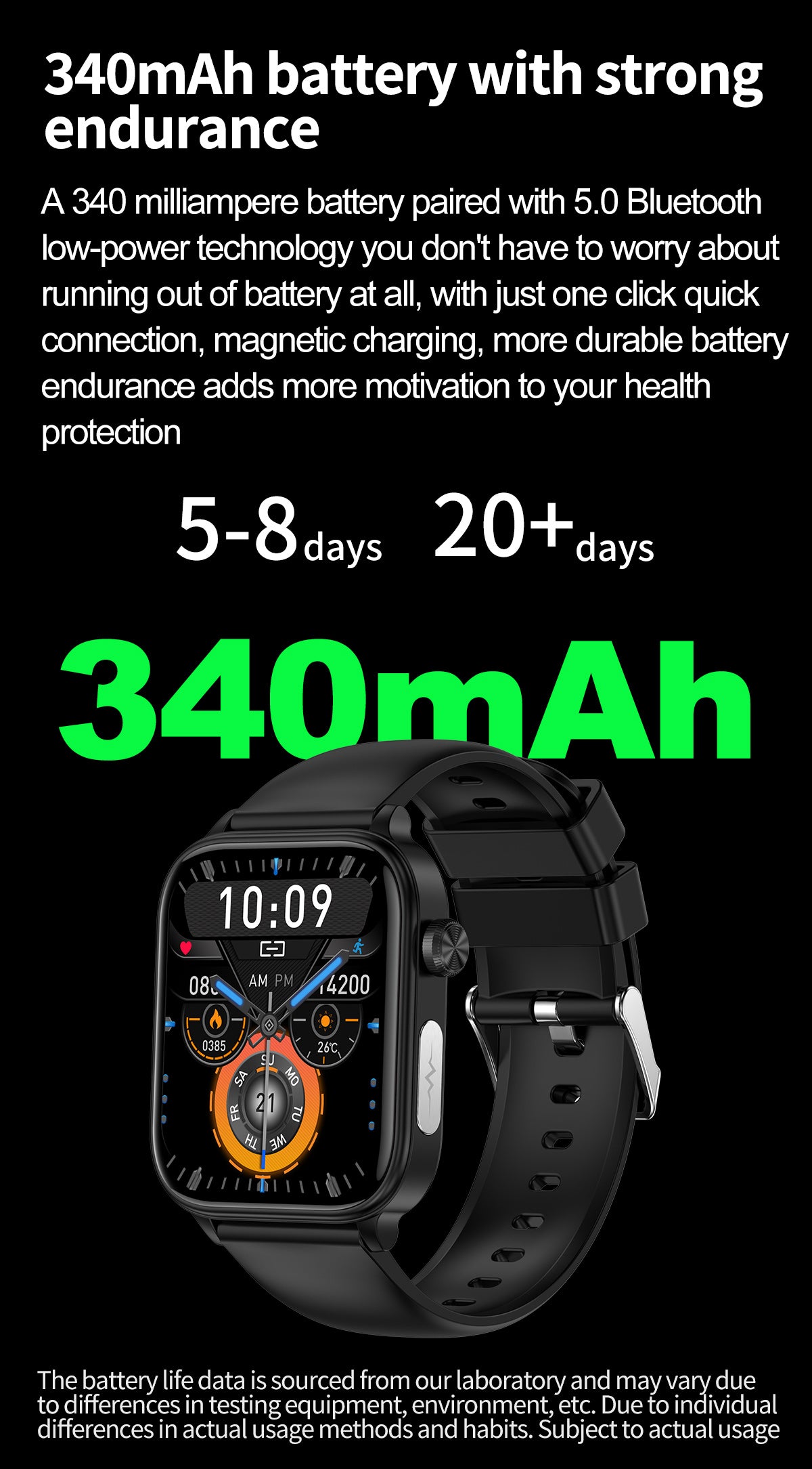 Black Fitlybuy smartwatch with digital face display, highlighting its 340mAh battery and long-lasting performance.