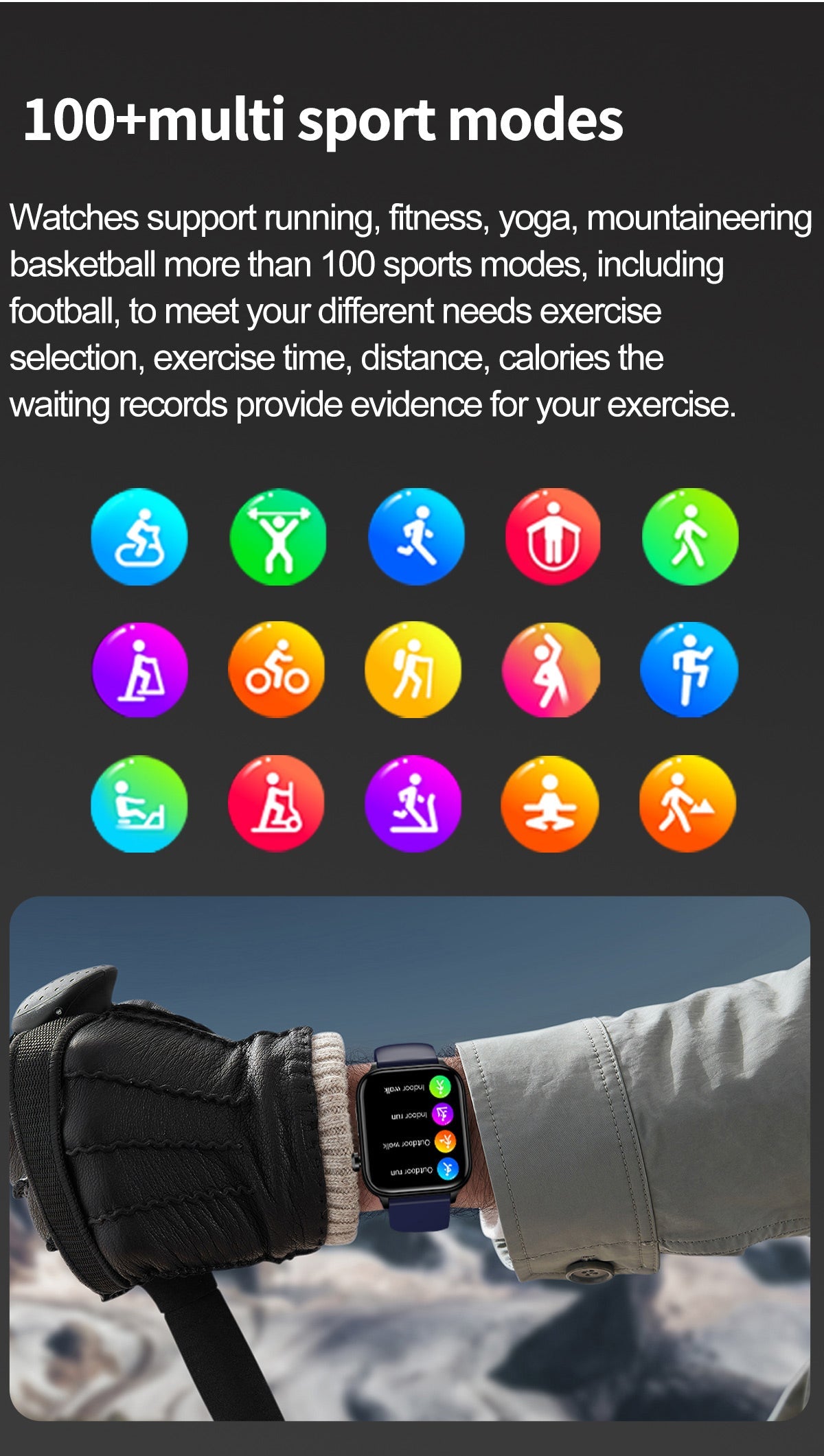 Fitlybuy smart watch with square black screen and silicone band, showing fitness icons worn during outdoor hiking.