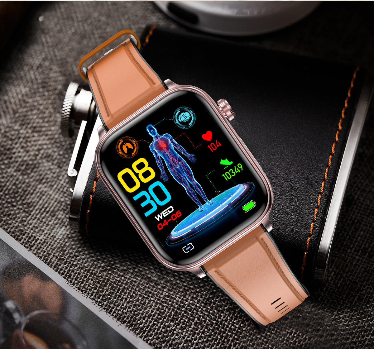 Fitlybuy smart watch with rose gold case, tan strap, and digital health monitoring display on a black leather wallet.
