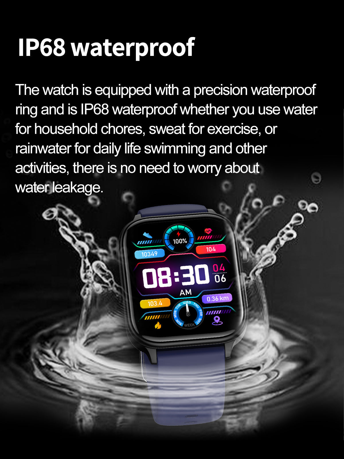 Fitlybuy blue fitness smartwatch with a digital display, shown underwater to highlight its IP68 waterproof rating.