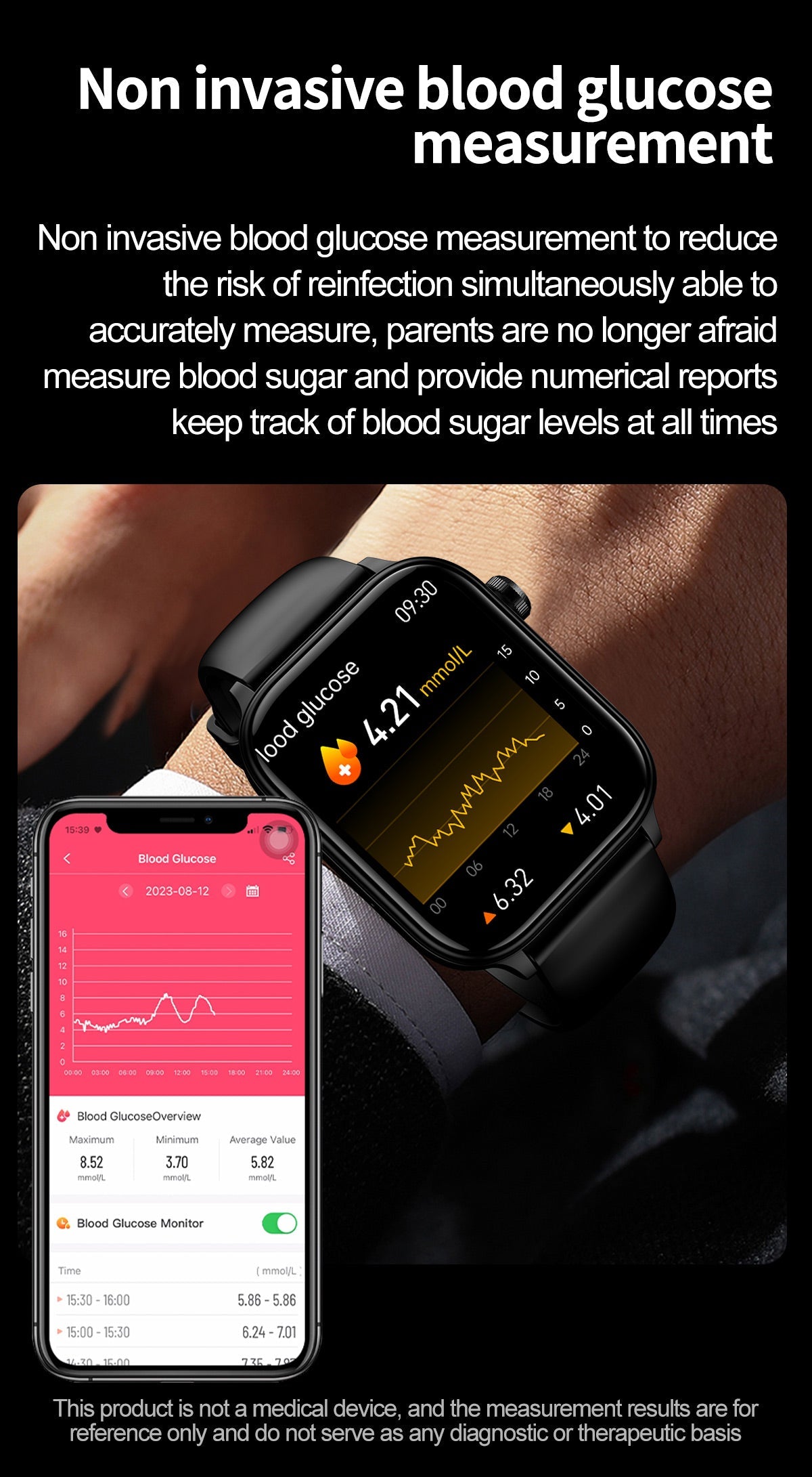 Fitlybuy black smartwatch showing blood glucose data on watch face and companion smartphone app.