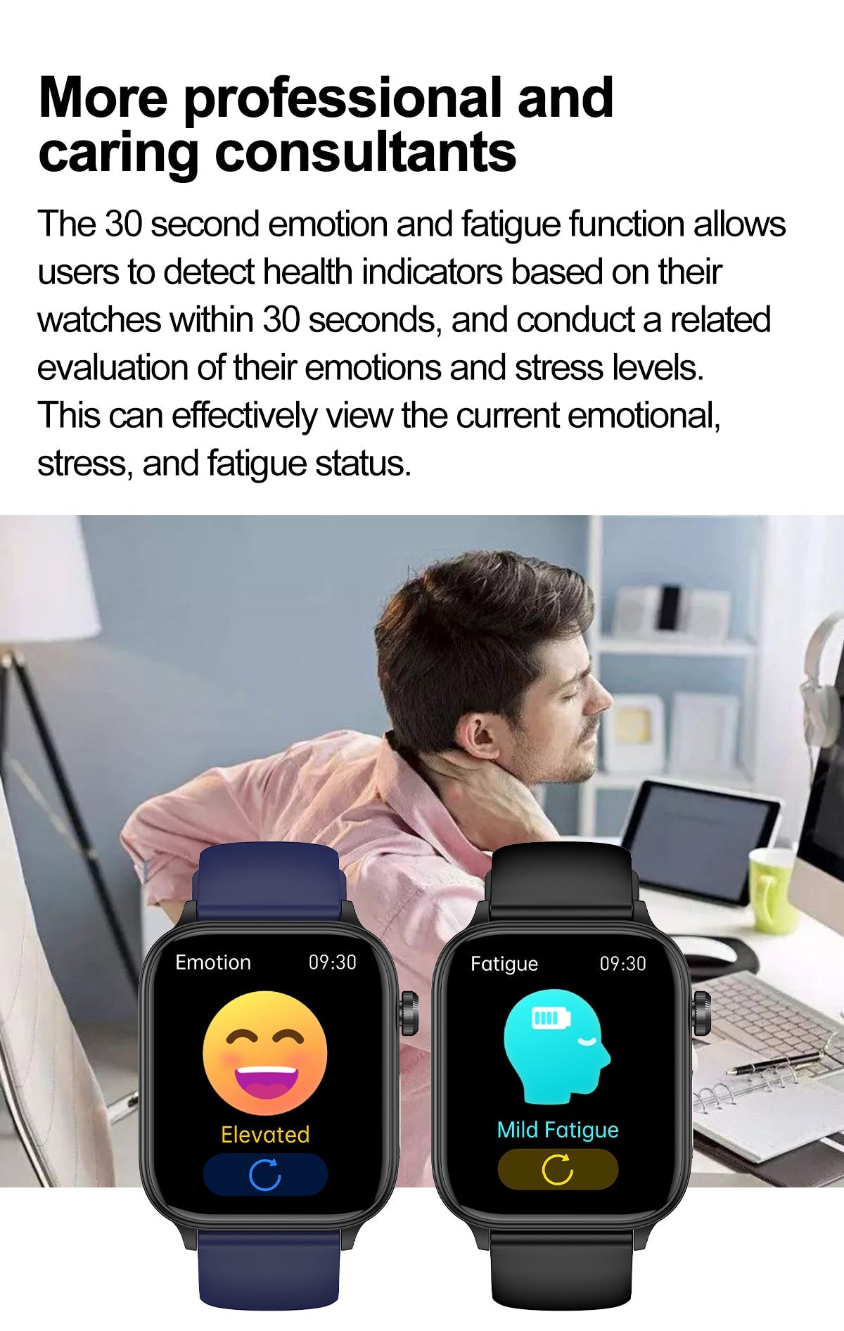 Two Fitlybuy smartwatches with square screens showing emotion and fatigue monitoring apps against a man at a desk.