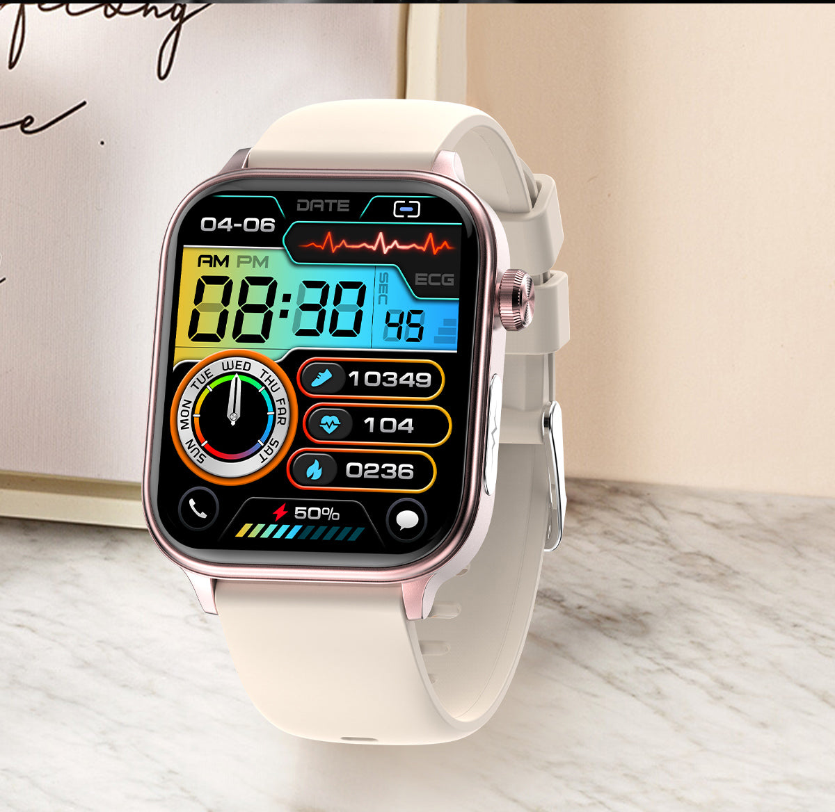 Fitlybuy smartwatch with white strap, rose gold frame, and vibrant health-tracking display showing ECG and fitness data.