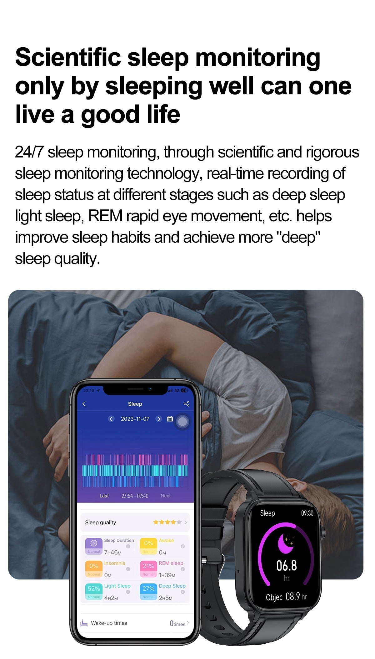 Fitlybuy black smartwatch displaying sleep data next to a smartphone showing detailed sleep quality analytics in a bed.