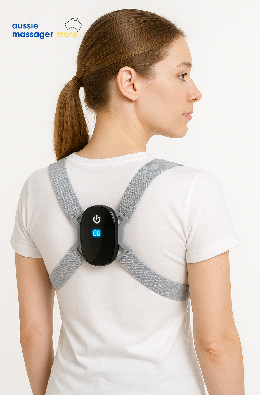 Woman wearing a black Fitlybuy SmartSpine posture sensor with a digital display over grey straps on her back.