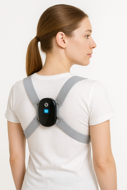 Woman wearing a Fitlybuy SmartSpine posture sensor with grey elastic straps and a black LED digital display.